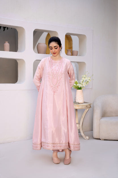 Rosy Mist Pink Raw Silk Embroidered 3-Piece Frock | ZM-61