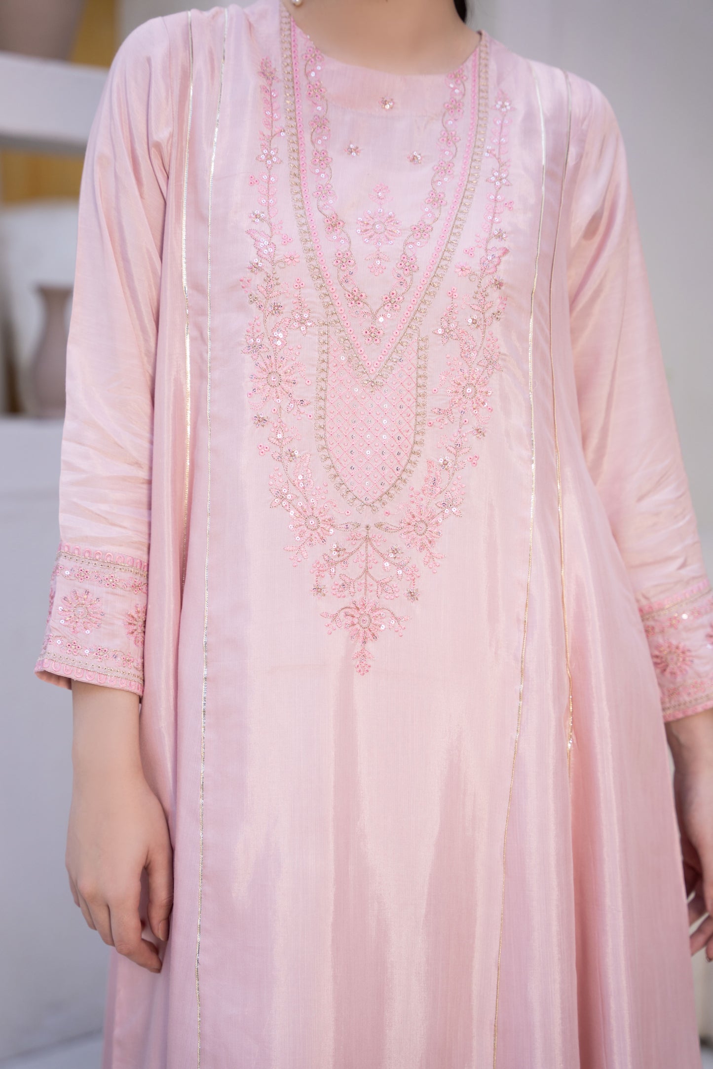 Rosy Mist Pink Raw Silk Embroidered 3-Piece Frock | ZM-61