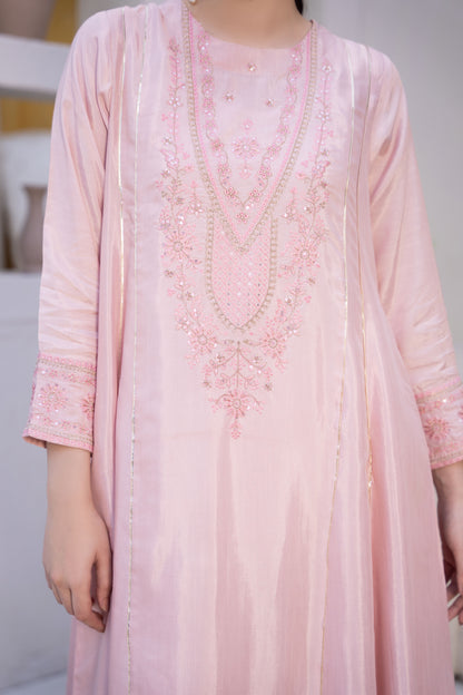 Rosy Mist Pink Raw Silk Embroidered 3-Piece Frock | ZM-61