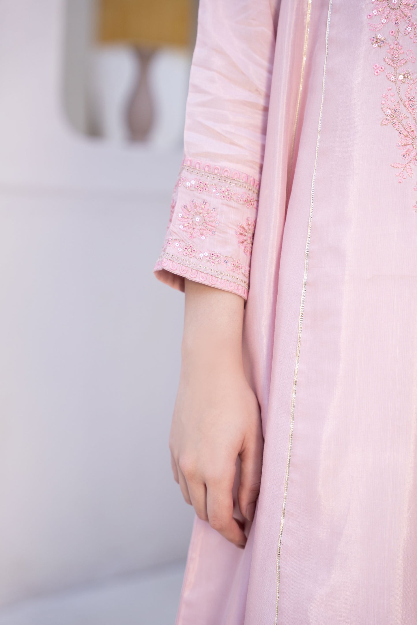 Rosy Mist Pink Raw Silk Embroidered 3-Piece Frock | ZM-61
