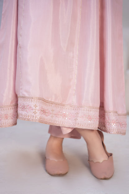 Rosy Mist Pink Raw Silk Embroidered 3-Piece Frock | ZM-61