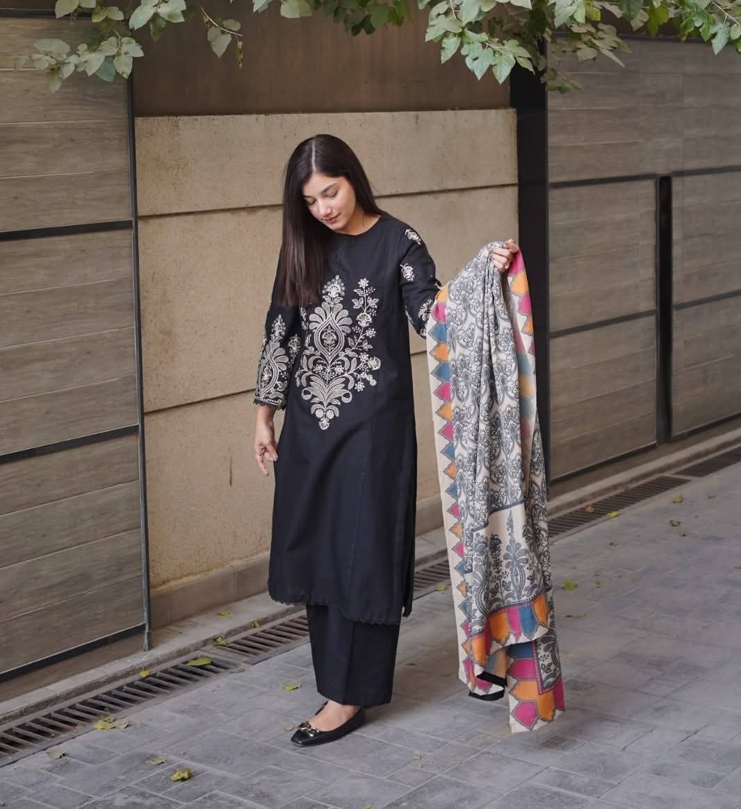 Midnight Black Embroidered 3-Piece Khaddar Suit | ZM-111