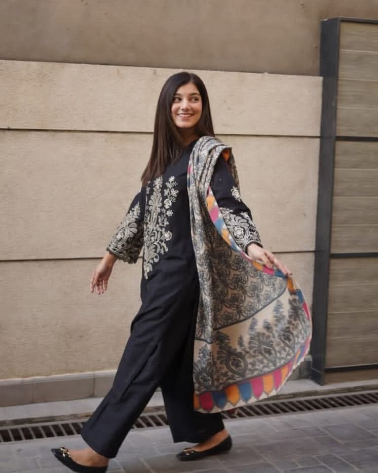 Midnight Black Embroidered 3-Piece Khaddar Suit | ZM-111