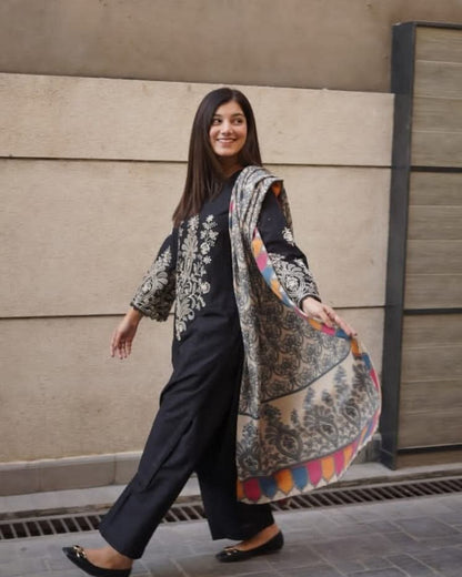 Midnight Black Embroidered 3-Piece Khaddar Suit | ZM-111