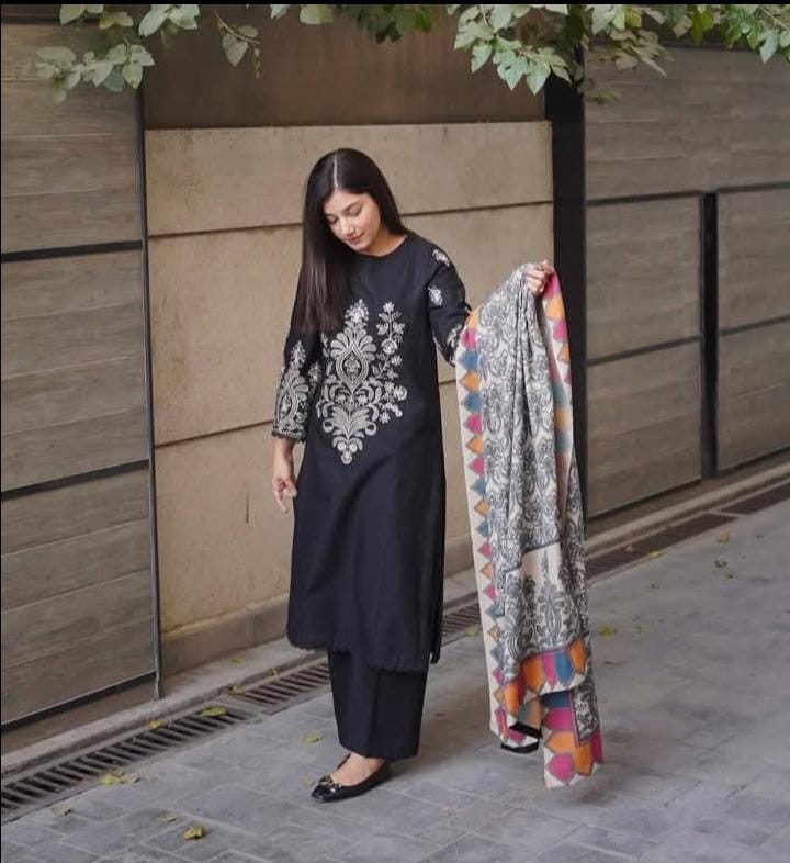 Midnight Black Embroidered 3-Piece Khaddar Suit | ZM-111