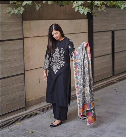 Midnight Black Embroidered 3-Piece Khaddar Suit | ZM-111