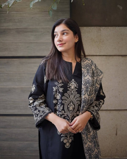 Midnight Black Embroidered 3-Piece Khaddar Suit | ZM-111