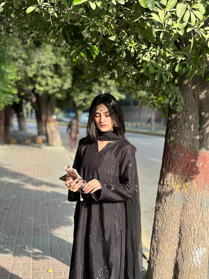 Onyx Black Luxury Raw Silk Embroidered 3-Piece Suit | ZM-102