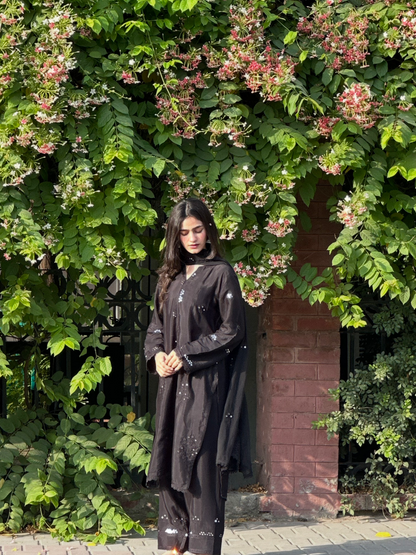 Onyx Black Luxury Raw Silk Embroidered 3-Piece Suit | ZM-102