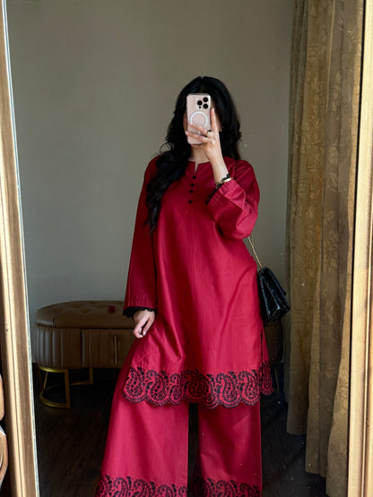 Royal Maroon Dobby Lawn Embroidered 2-Piece Suit | ZM-81
