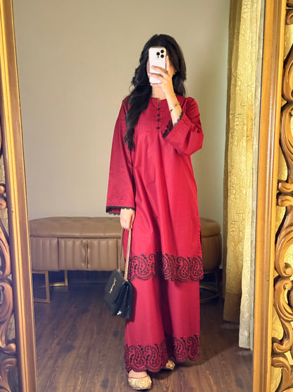 Royal Maroon Dobby Lawn Embroidered 2-Piece Suit | ZM-81