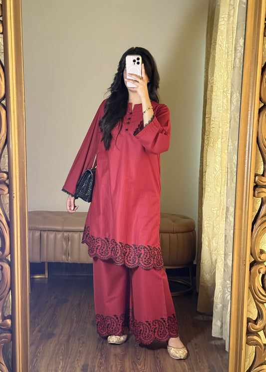 Royal Maroon Dobby Lawn Embroidered 2-Piece Suit | ZM-81
