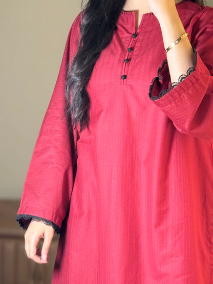 Royal Maroon Dobby Lawn Embroidered 2-Piece Suit | ZM-81