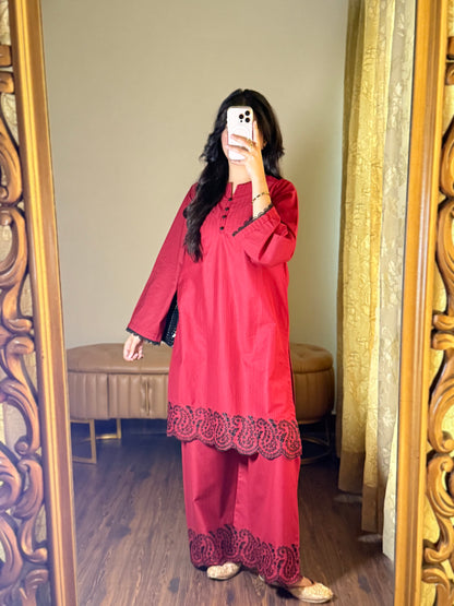 Royal Maroon Dobby Lawn Embroidered 2-Piece Suit | ZM-81