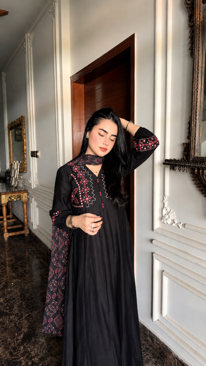 Ebony Black Cambric Embroidered Frock | ZM-100
