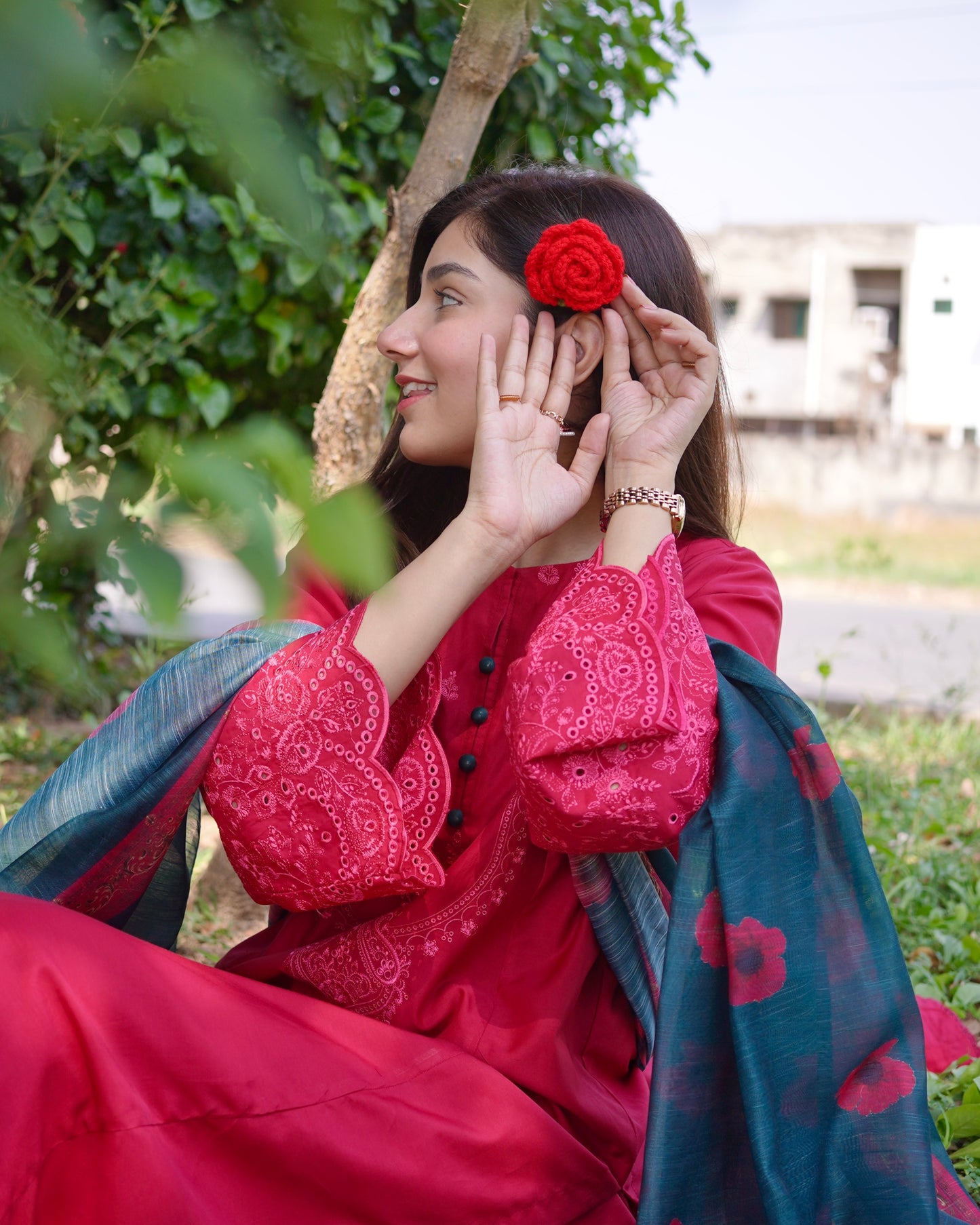 Crimson Red 3-Piece Embroidered Cotton Silk Suit | ZM-37