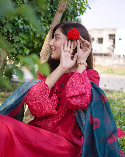Crimson Red 3-Piece Embroidered Cotton Silk Suit | ZM-37