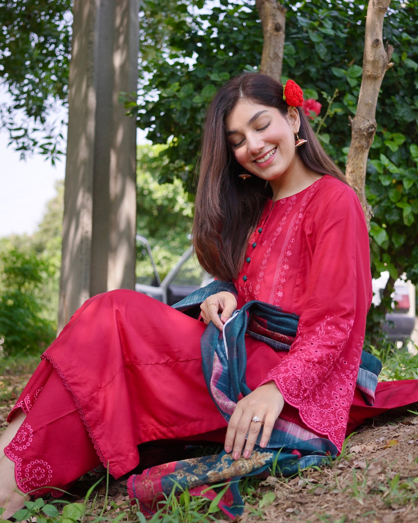 Crimson Red 3-Piece Embroidered Cotton Silk Suit | ZM-37