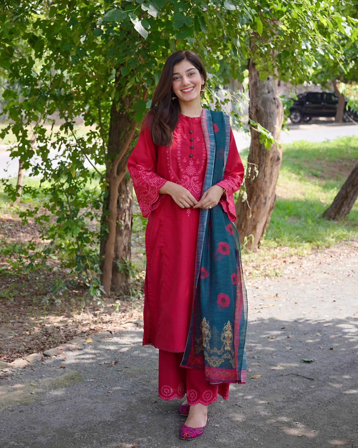 Crimson Red 3-Piece Embroidered Cotton Silk Suit | ZM-37