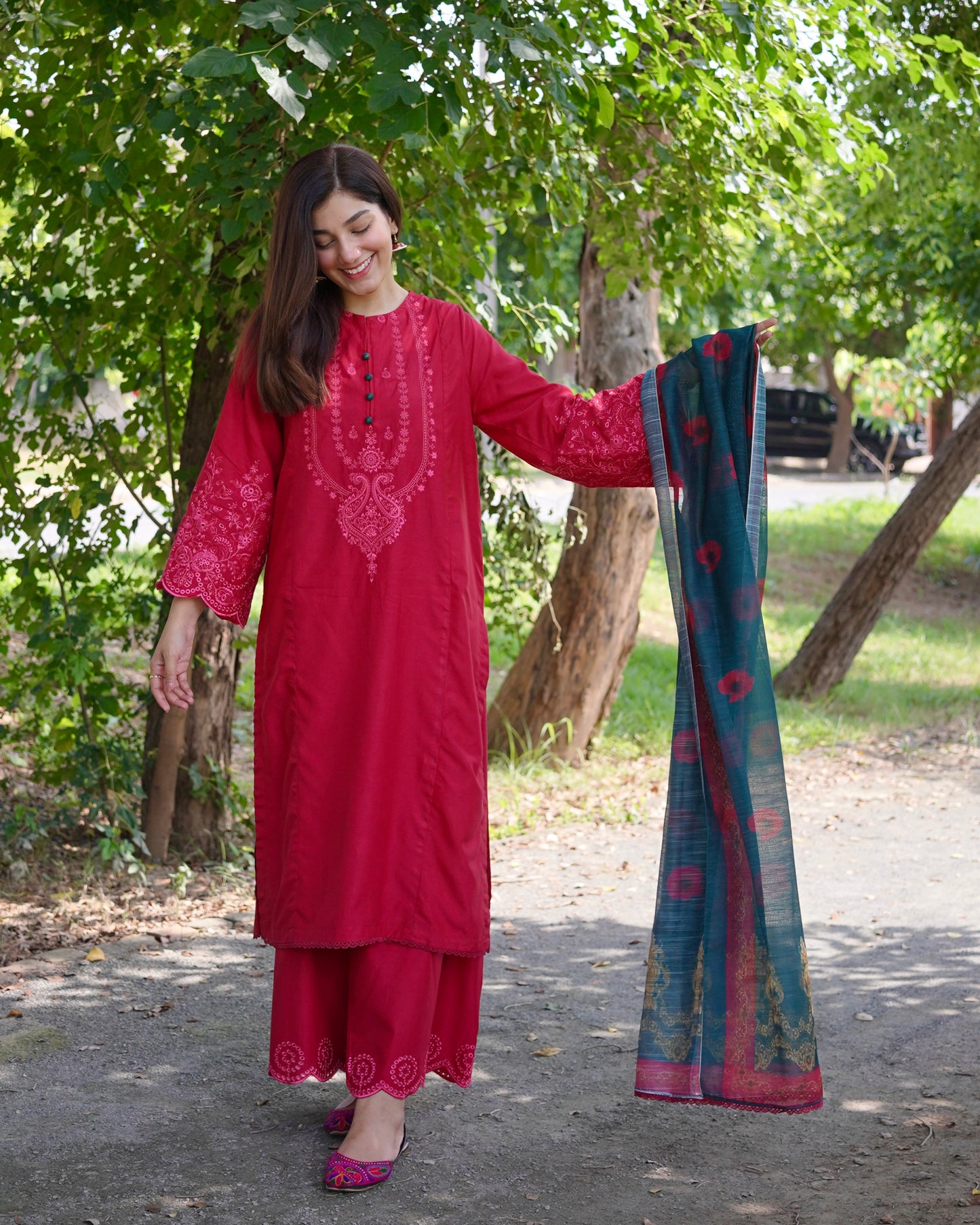 Crimson Red 3-Piece Embroidered Cotton Silk Suit | ZM-37