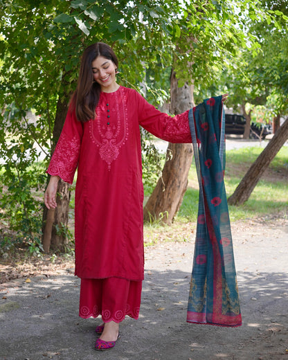 Crimson Red 3-Piece Embroidered Cotton Silk Suit | ZM-37