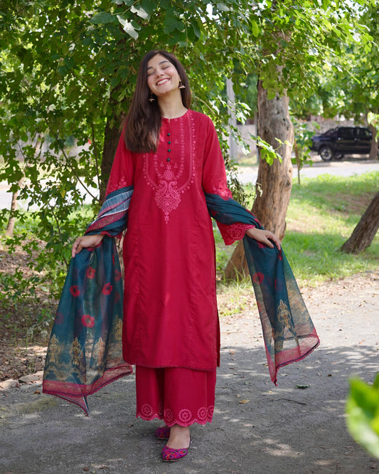 Crimson Red 3-Piece Embroidered Cotton Silk Suit | ZM-37