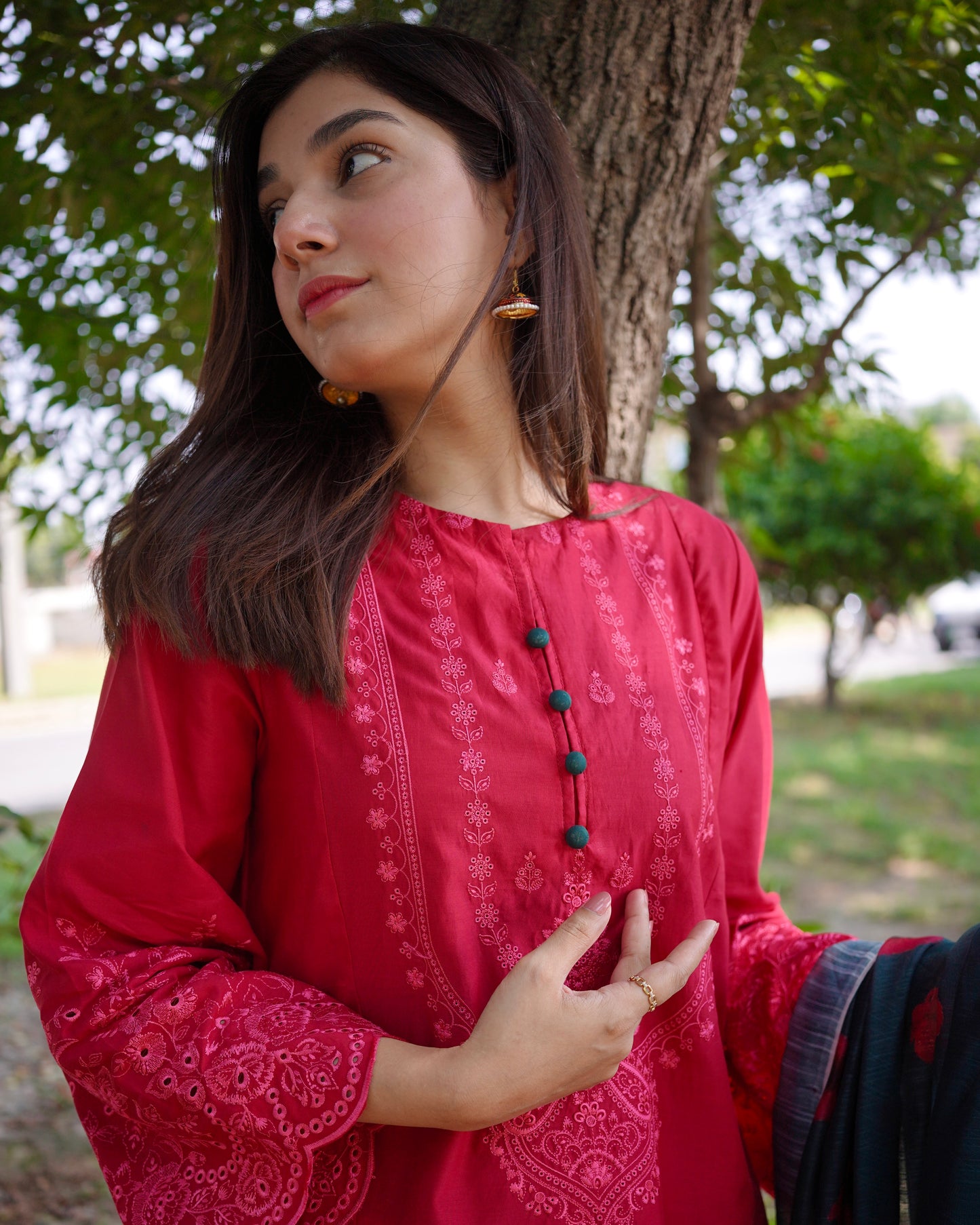 Crimson Red 3-Piece Embroidered Cotton Silk Suit | ZM-37