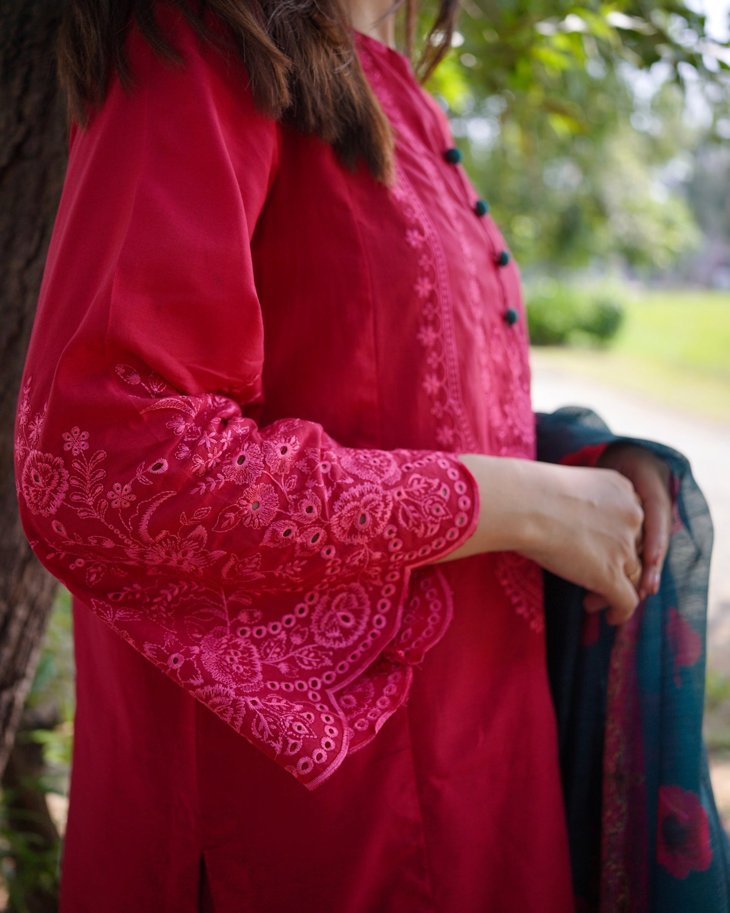 Crimson Red 3-Piece Embroidered Cotton Silk Suit | ZM-37
