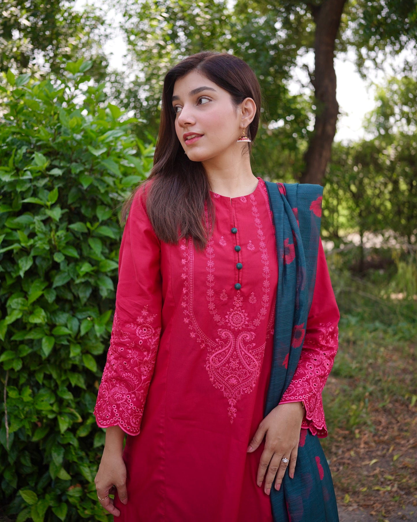 Crimson Red 3-Piece Embroidered Cotton Silk Suit | ZM-37
