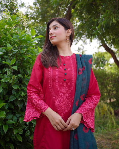 Crimson Red 3-Piece Embroidered Cotton Silk Suit | ZM-37