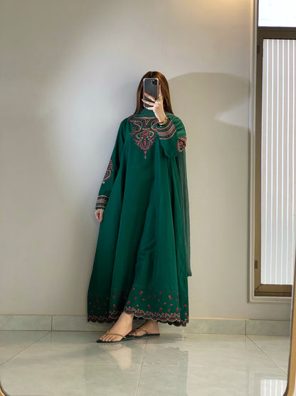 Fresh Green Embroidered 3-Piece Frock Suit | ZM-106