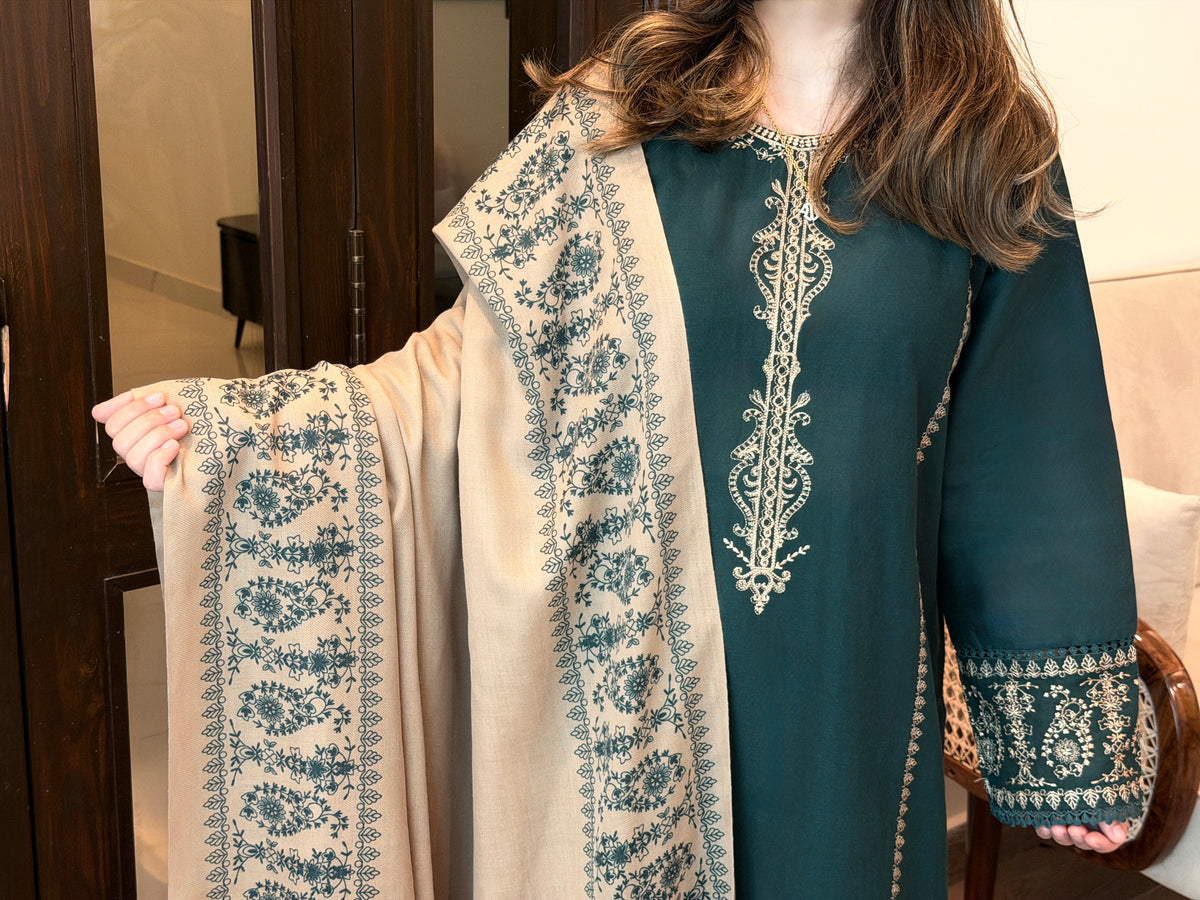 B Green Embroidered 3-Piece Khaddar Suit | ZM-109