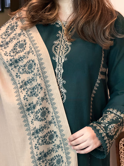 B Green Embroidered 3-Piece Khaddar Suit | ZM-109