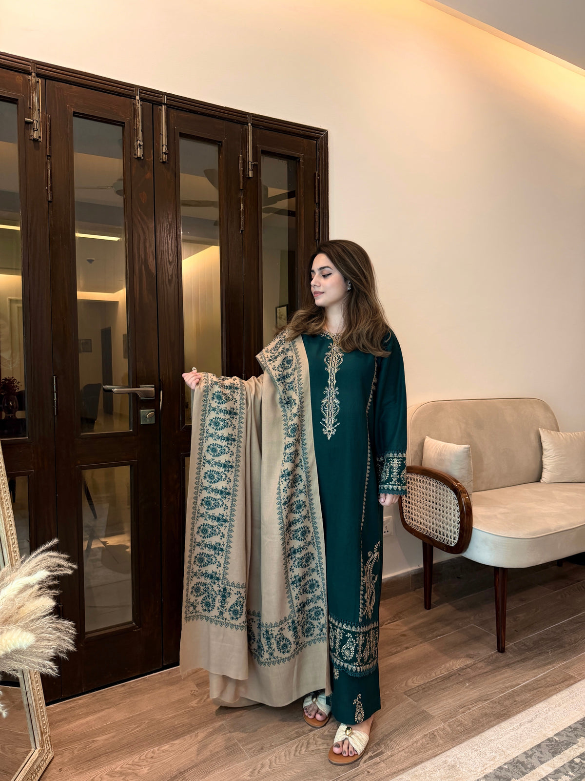 B Green Embroidered 3-Piece Khaddar Suit | ZM-109
