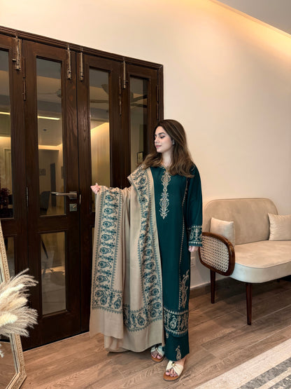 B Green Embroidered 3-Piece Khaddar Suit | ZM-109