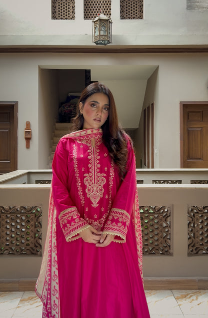 Shocking Pink Embroidered 3-Piece Lawn Frock | ZM-96