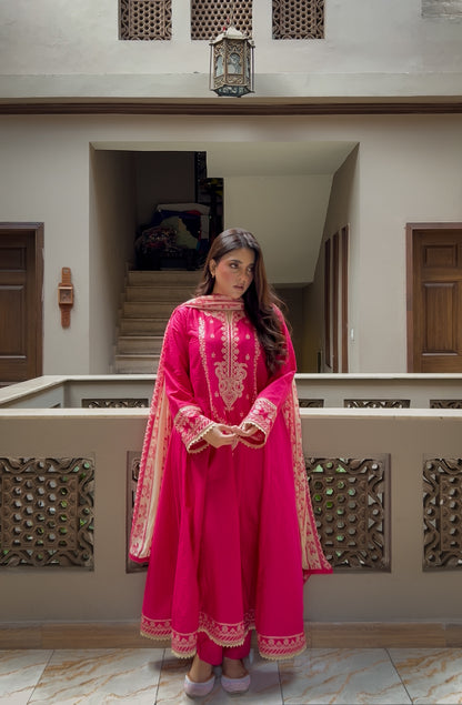 Shocking Pink Embroidered 3-Piece Lawn Frock | ZM-96