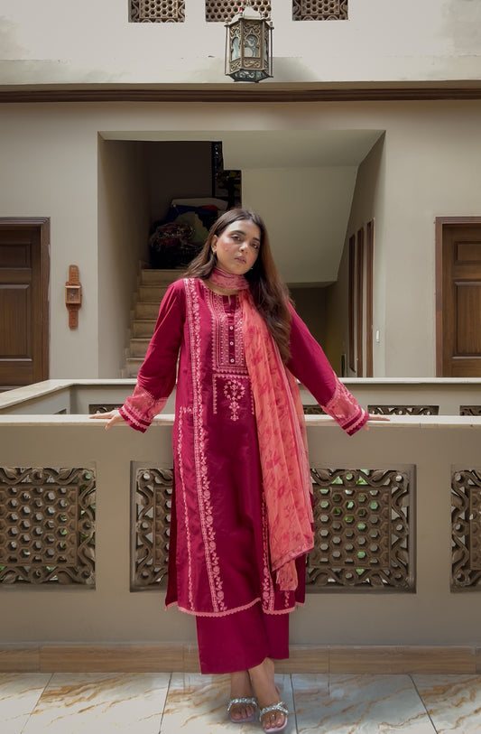 Opulent Burgundy Embroidered 3-Piece Lawn Suit | ZM-97