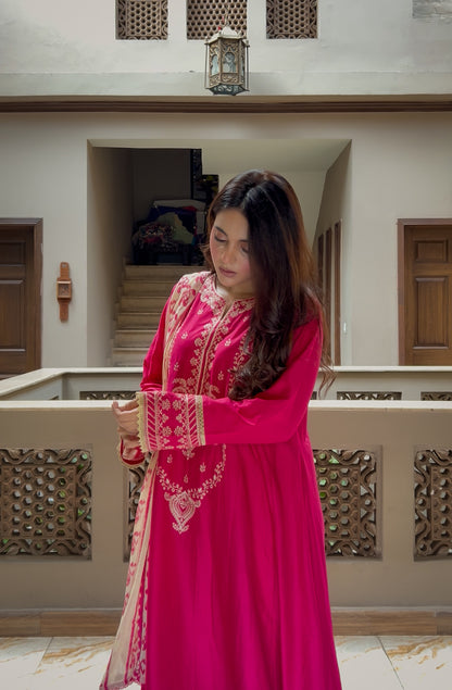 Shocking Pink Embroidered 3-Piece Lawn Frock | ZM-96