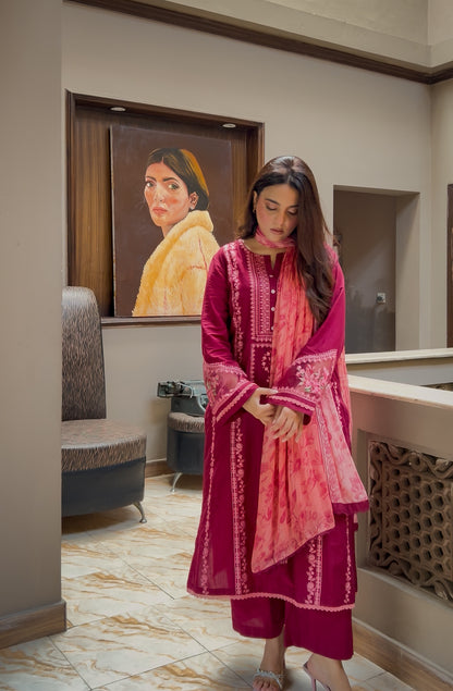 Opulent Burgundy Embroidered 3-Piece Lawn Suit | ZM-97