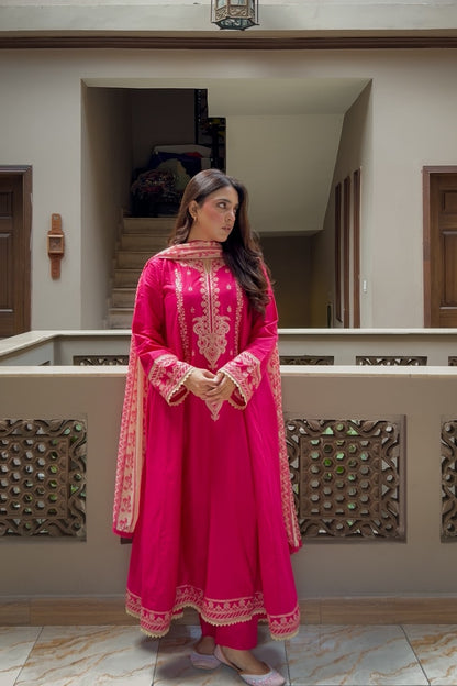 Shocking Pink Embroidered 3-Piece Lawn Frock | ZM-96