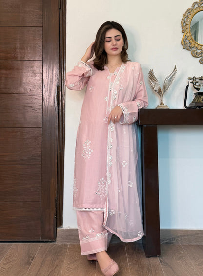 Blush Pink Luxury Raw Silk Embroidered 3-Piece Suit| ZM-101