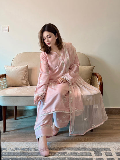 Blush Pink Luxury Raw Silk Embroidered 3-Piece Suit| ZM-101