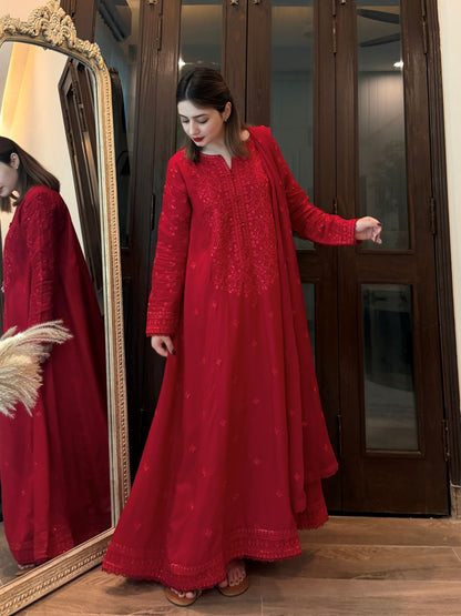 Rich Red Luxury Raw Silk 3-Piece Frock Suit | ZM-107