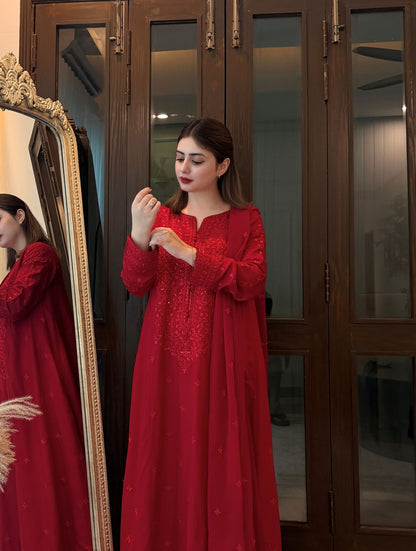 Rich Red Luxury Raw Silk 3-Piece Frock Suit | ZM-107