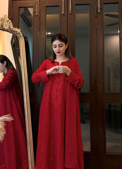 Rich Red Luxury Raw Silk 3-Piece Frock Suit | ZM-107