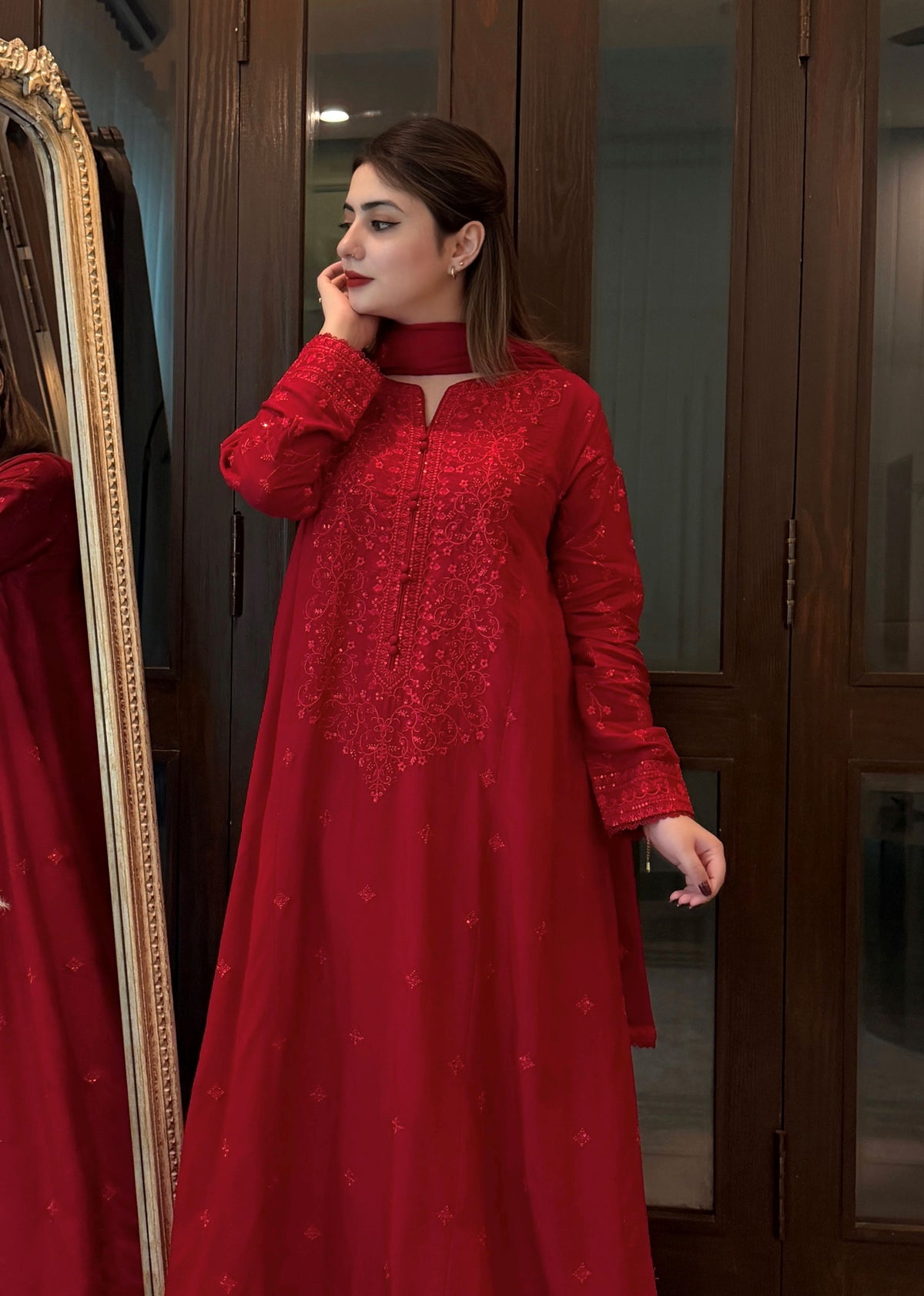 Rich Red Luxury Raw Silk 3-Piece Frock Suit | ZM-107