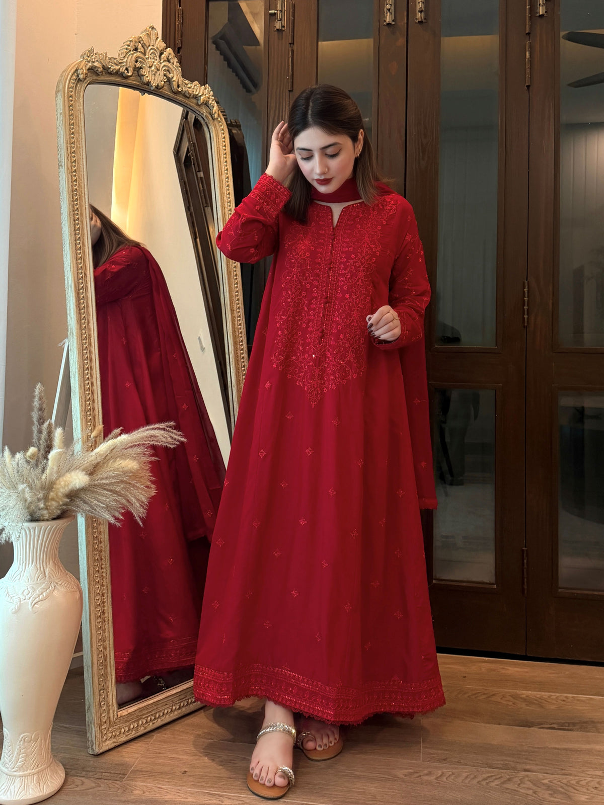 Rich Red Luxury Raw Silk 3-Piece Frock Suit | ZM-107