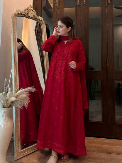 Rich Red Luxury Raw Silk 3-Piece Frock Suit | ZM-107