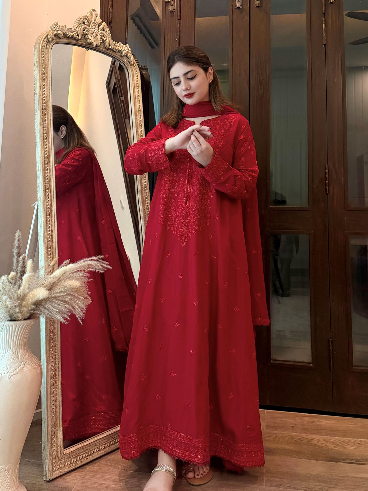 Rich Red Luxury Raw Silk 3-Piece Frock Suit | ZM-107